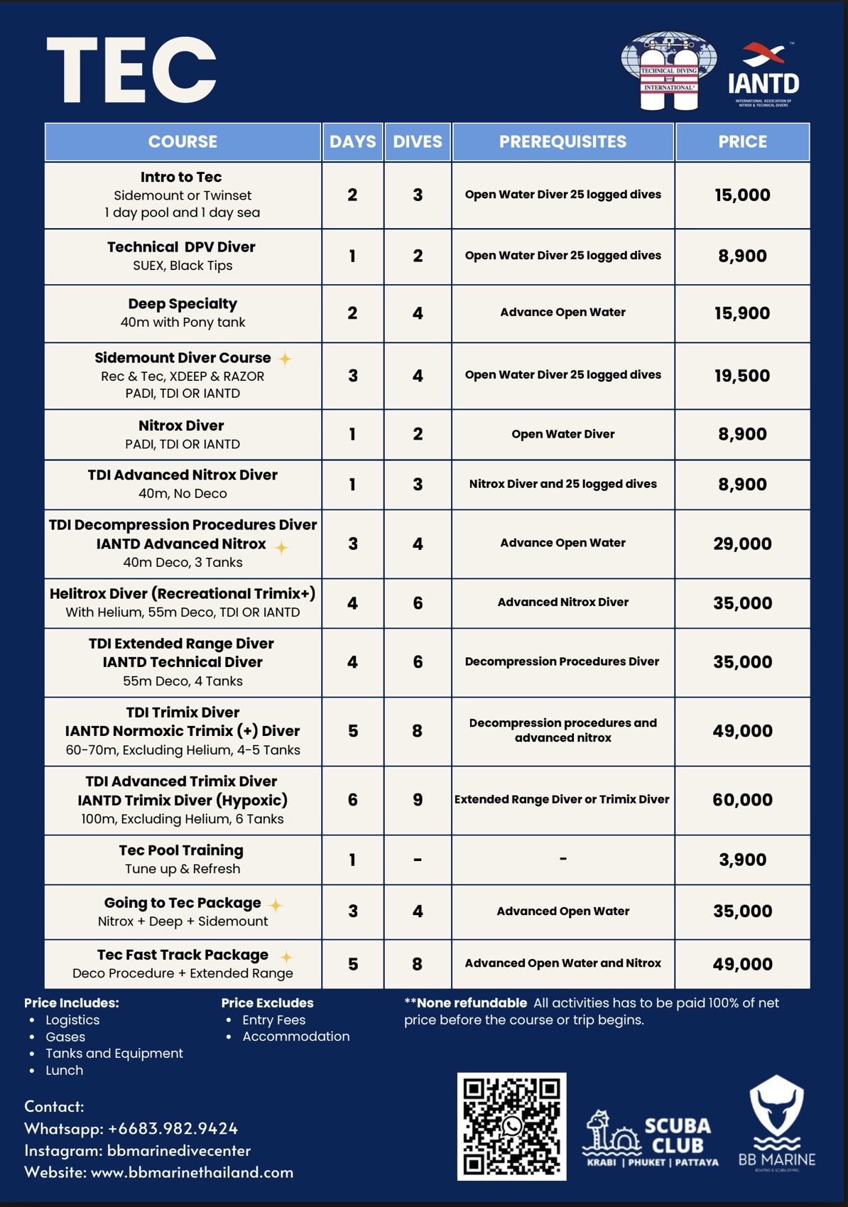 Technical Diving Pricelist